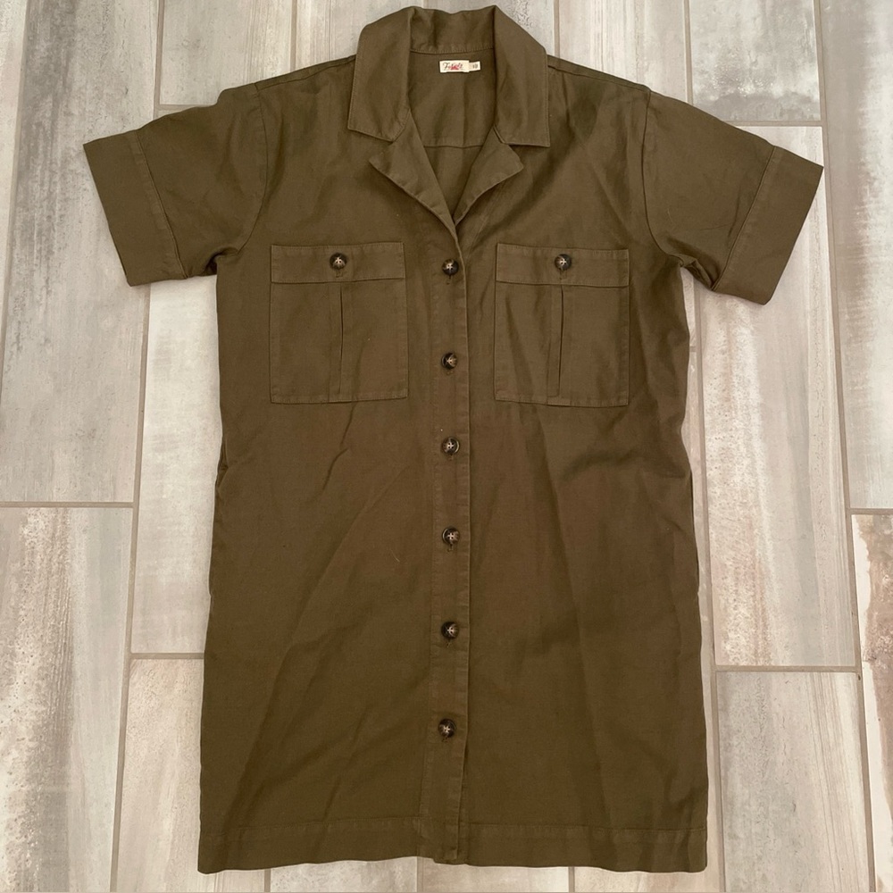Faherty Palos Verdes Dress Military Green Linen Blend Small Utility Shirt Dress